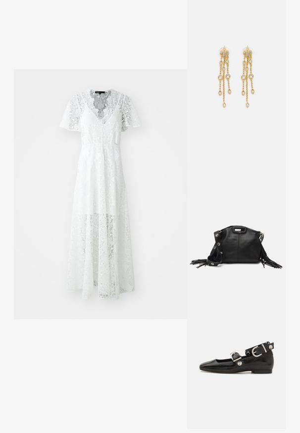 Balta nėriniuota suknelė su trumpomis rankovėmis, V formos iškirpte ir laisvu siluetu. Yra sudėtingi gėlių raštai ir pusiau skaidrus apdaila.; Juodas lakinės odos plokščias batelis su kvadratiniu pirštu, kulkšnies dirželiu su sidabro detalėmis ir plokščiu padu. Sklandus paviršius su minimalistišku dizainu.; Maje MISS MINI - Rankinė per petį - noir; Aukso spalvos auskarai su keliais kaskadiniais grandinėlėmis, su skaidriais ovaliais kristalų akcentais ir dekoratyviniais auskarų priekiais.