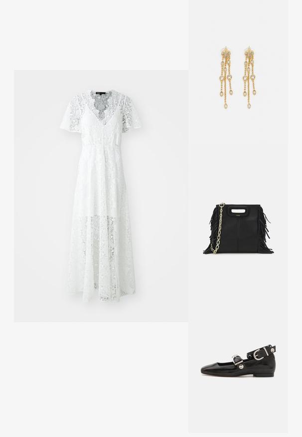 Fehér csipkés ruha rövid ujjal, V-kivágással és lebegő fazonban. Bonyolult virágmintákkal és félátlátszó felülettel rendelkezik.; Fekete lakkbőr lapos cipő négyzet alakú orral, ezüst hardware-rel ellátott bokapánttal és lapos talppal. Simaságával és minimalista dizájnjával kiemelkedő.; Fekete bőr kézitáska, frufrus részletekkel, arany láncos vállpánttal és kivágott fogantyúval. Az elülső részen logó található.; Aranyszínű fülbevalók, több zuhanó lánccal, tiszta ovális strasszköves díszítéssel és dekoratív fülbevaló tetejével.