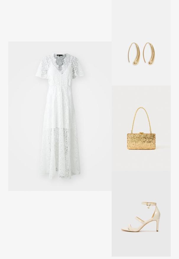 Abito bianco di pizzo con maniche corte, scollo a V e un design fluido. Presenta intricati motivi floreali e una finitura semi-trasparente.; Sandali con tacco alto beige, dotati di una sottile cinghia alla caviglia e due cinturini superiori. Finitura lucida in vernice e dettaglio in hardware dorato sulla cinghia alla caviglia.; Clutch oro in paillettes con forma rettangolare, dotata di una maniglia in catena attorcigliata e una chiusura a scatto in metallo, che riflette la luce con una finitura testurizzata.; Orecchini a cerchio in metallo color oro con forma curva ed allungata. Presentano una superficie liscia e lucida e una punta arrotondata per un tocco di dettaglio in più.