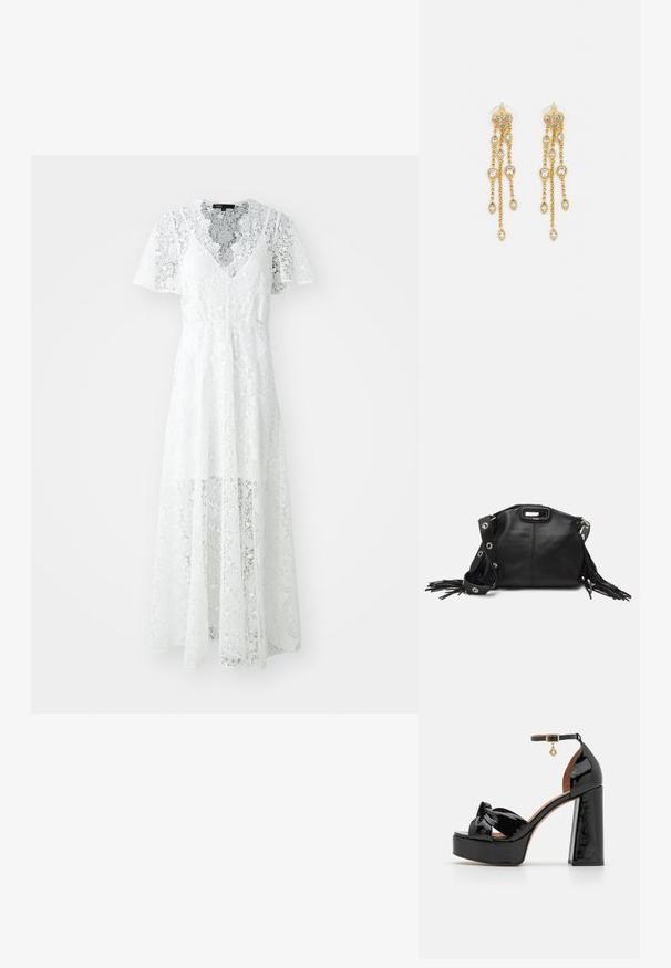 Hvid blondekjole med korte ærmer, v-hals og et flydende design. Har intrikate blomster mønstre og en semi-gennemsigtig finish.; Maje Højhælede sandaletter / Højhælede sandaler - noir; Maje MISS MINI - Skuldertasker - noir; Guldtonede øreringe med flere kaskadende kæder, der har klare ovale rhinestein-accenter og dekorative studtoppe.