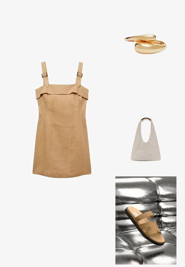 Mango Pouzdrové šaty - sand; Hnědé pantofle s dvěma širokými přezkami s výřezy, hladkým koženým svrškem a texturovanou černou gumovou podrážkou, vystavené na metalickém pozadí.; Světlá šedá kožená taška s U-tvarovaným designem a zakřivenou kovovou rukojetí. Hladký povrch s minimálním šitím a bez viditelných vzorů.; Zlacené prsteny s hladkými, zaoblenými tvary, které se proplétají. Vysoce lesklý povrch s reflexními vlastnostmi, který ukazuje bezproblémový design.