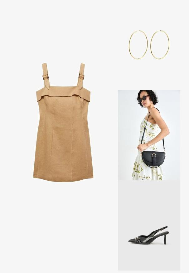 Mango LENNOX piaskowy; Czarne lakierowane buty typu slingback z ostrym noskiem, paskami na kostkach z srebrnymi klamrami i elementami metalowymi oraz smukłym obcasem.; Czarna skórzana torebka o zakrzywionym kształcie, z odpinanym paskiem i złotymi akcentami. Torebka posiada klapę z zapięciem w kształcie klamry.; Złote kolczyki w kształcie obręczy o gładkim, zaokrąglonym wzorze. Cienkie i lekkie, z ciągłą pętlą, bez żadnych ozdób.