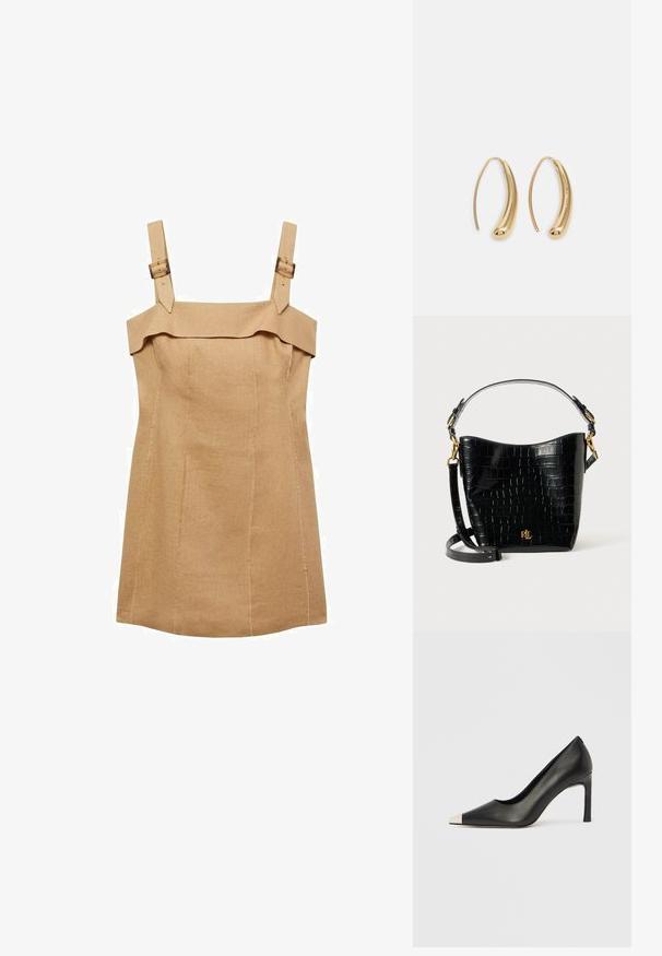 Mango Etui-jurk - sand; Zwarte leren hoge hak met een spits toelopende neus en een metalen zilverkleurige kap. Heeft een gladde afwerking en een slanke hak van 10 cm.; Zwarte croco-embossed leren tas met een gebogen ontwerp, gouden hardware-accenten, een verstelbare schouderriem en een logo-detail aan de voorkant.; Gouden metalen oorbellen in de vorm van een gebogen, verlengde hoop. Kenmerkend zijn het gladde, glanzende oppervlak en de afgeronde punt voor extra detail.