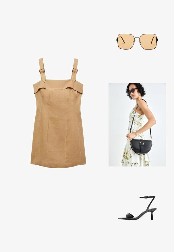 Mango Enostavna obleka - sand; Bershka Sandali z visoko peto - black; Kvadratne sončna očala z rjavimi lečami in tankim črnim kovinskim okvirjem. Imajo poševne ušesne dele in nastavljive nosne blazinice za udobje.; Črna usnjena torbica s ukrivljeno obliko, z odstranljivo naramnico in zlatimi dodatki. Torbica ima pokrov s podrobnostmi v obliki zaponke.