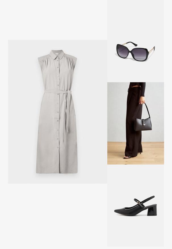 Šviesiai pilkas, be rankovių suknelė marškinėlius su mygtukų uždarymu, susiraukšlėjusiomis pečių detalėmis, juosmens diržu ir tiesiu siluetu. Lygi audinio tekstūra.; Juodi patentinio odos slingback aukštakulniai su smailiu pirštu, apvaliu išpjovimu ir blokiniu kulnu. Papuošti auksiniu juostos akcentu.; Juodos didelės saulės akinių su pereinamais objektyvais, storomis rėmeliais ir auksinės spalvos grandinėmis ant šventyklų.; Juodas rankinė struktūrizuota forma, lygi tekstūra ir metalinis užsegimas. Suporuota su plačiomis juodomis kelnėmis ir atvirais bateliais ant medinių grindų.