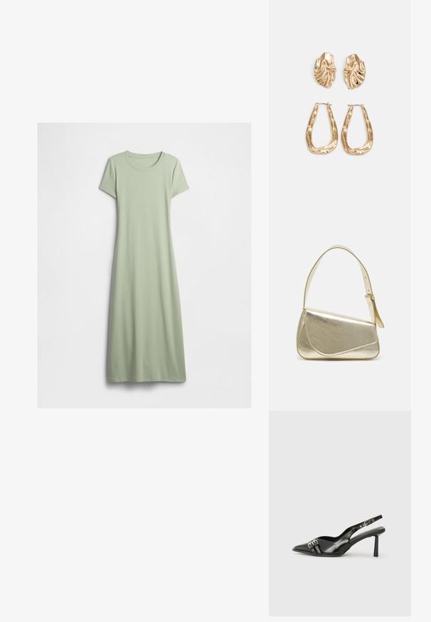 Šviesiai žalia, trumpomis rankovėmis, apvaliu kaklu maksi suknelė su tiesiu kirpimu, pateikta prieš baltą fono.; Juodas lakuotas odinis batelis su smailiu pirštu, kulkšnies dirželiais su sidabrinėmis sagtimis ir detalėmis, bei plonu kulnu.; Aukso metalinės rankinės su struktūrizuotu dizainu, lygaus paviršiaus ir reguliuojama dirželiu. Pasižymi unikaliu trikampiu pavidalu ir minimalizmu siuvinėjime.; Auksinės auskarai, turintys tekstūruotus, bangų formos elementus. Įeina skulptūriniai segami auskarai ir atviri lankai su išmuštu paviršiumi.