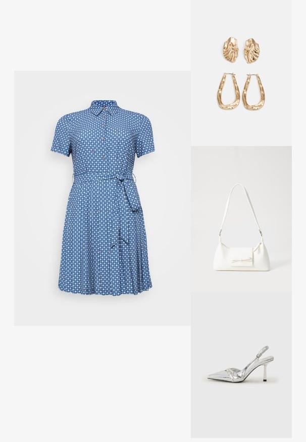 Vestido azul com padrão, mangas curtas, fecho frontal com botões, gola e um laço na cintura. Apresenta um padrão de diamante com detalhes vermelhos.; Sapato de salto alto slingback prateado com bico fino, acabamento metálico, duas correias decorativas e um salto esbelto com ponta preta.; Mala sintética branca com formato triangular, aba frontal plana e detalhe de laço, alça ajustável, textura suave e design minimalista.; Brincos em tom de ouro com formas onduladas e texturizadas. Inclui studs escultóricos com presilha e um design de argola aberta com um acabamento martelado.
