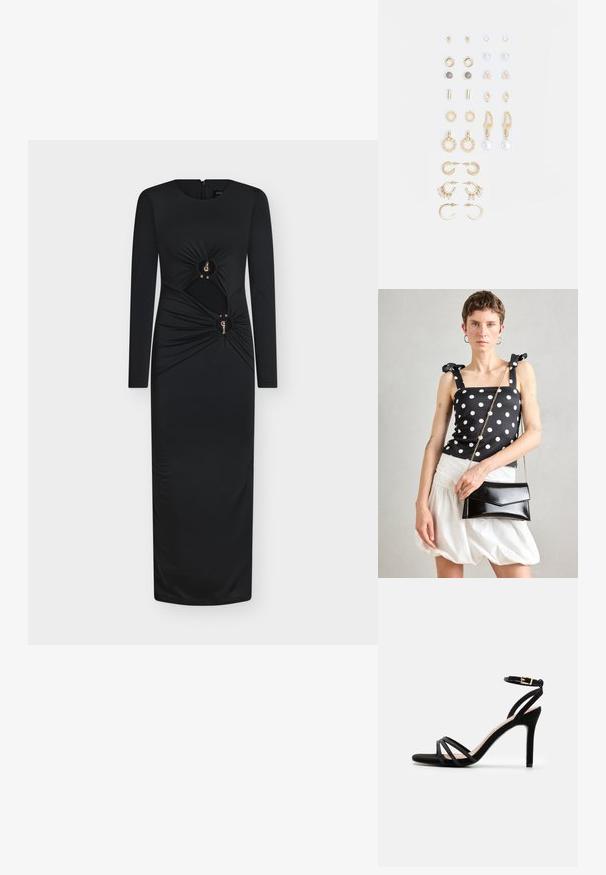 Black long-sleeve dress features a fitted silhouette, gathered fabric details at the waist, and two circular metallic accents. Zipper back.; Anna Field Sandals - black; Black and white polka dot top with bow straps, worn with a textured white puffed skirt, holding a glossy black rectangular clutch.; Set of gold-tone earrings featuring various designs, including studs, hoops, and dangling pieces with pearls and rhinestones.