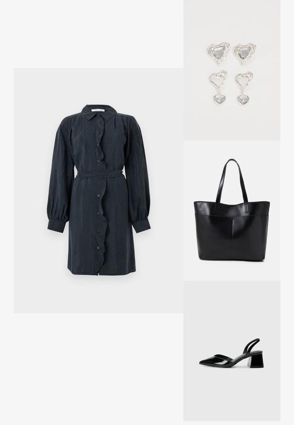 Vestido preto de manga longa com botão, com uma aba de babados e cintura cingida. Feito de tecido texturizado, apresenta mangas bufantes e um colarinho clássico.; Sandy em verniz preto com salto slingback, ponta afilada e salto geométrico. Apresenta um design elegante e minimalista com textura suave.; Bolsa tote preta em couro com duas alças longas, textura suave e forma estruturada. Apresenta um bolso frontal para armazenamento adicional.; Os brincos em forma de coração prateados apresentam pedras claras facetadas, com uma moldura texturizada. O conjunto inclui estilos de botão e de gota.