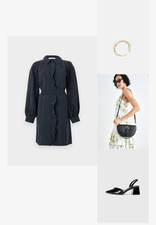 Abito lungo nero con maniche a sbuffo, colletto classico e cinturino in vita. Realizzato in tessuto texturizzato, presenta una chiusura a bottoni con balze.; Décolleté in vernice nera con punta affusolata e tacco in geometria cubica. Presentano un design elegante e minimalista, con una texture liscia.; Borsa a tracolla nera in pelle con una forma curva, manico rimovibile e accessori dorati. La borsa presenta una patta con un dettaglio a fibbia.; Anello in tono oro con un design organico e Twisted, caratterizzato da una superficie liscia e punte affusolate, che crea un aspetto moderno e scultoreo.