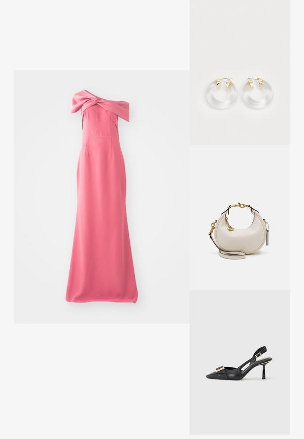 Long pink dress with an off-the-shoulder design, featuring a knotted detail at the neckline and a smooth, flowing fabric.; Black leather slingback shoe with pointed toe, slender heel, and gold-tone hardware accent on the vamp. Smooth texture and structured design.; Cream leather handbag with a crescent shape, gold hardware, black accents, and a removable strap. Features a chain detail and tag.; Clear acrylic hoop earrings with gold-tone metal accents and a polished finish. Features a smooth, circular design.
