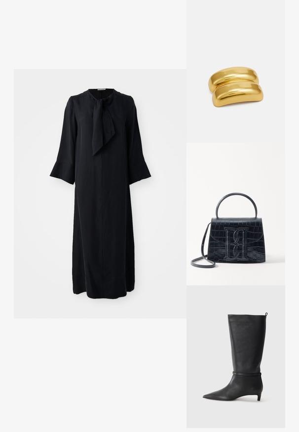 Juoda midi suknelė su stovinčia apykakle ir kaklaraiščio detale, ilgomis rankovėmis ir laisvu siluetu, pagaminta iš lygaus audinio su matinio paviršiaus apdaila.; Juodas odinis iki kelių botas su smailiu batu, akcentuotas apvaliu diržu aplink kulkšnį ir žemu, siaurėjančiu kulnu. Lygi tekstūra.; Juodas krokodilo rašto odinis rankinės krepšys su struktūruotu dizainu, viršutine rankena, reguliuojamu dirželiu ir išsiskiriančiu priekinio logo detale.; Aukso spalvos metalinė plaukų segtukas su lygiu, apvaliu dizainu. Paviršius blizgus, turi sujungtą, lenktą formą be jokių papildomų puošmenų.