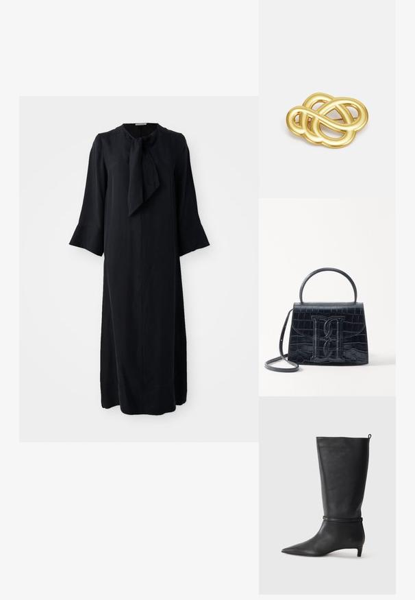 Čierne midi šaty so stojatým golierom a detailom kravaty, dlhými rukávmi a voľným strihom, vyrobené z hladkej látky s matným povrchom.; Čierne kožené vysoké čižmy po kolená s špicatou špičkou, s okrúhlym remienkom okolo členku a nízkym, zúženým podpätkom. Hladký povrch.; Čierna kabelka z krokodílovej embosovanej kože so štruktúrovaným dizajnom, horným uchom, nastaviteľným popruhom a výrazným predným logom.; Brošňa v zlatej farbe s uzlovým dizajnom, hladkými, zakrivenými líniami a zložitým tvarom, ktorá odráža leštený povrch.