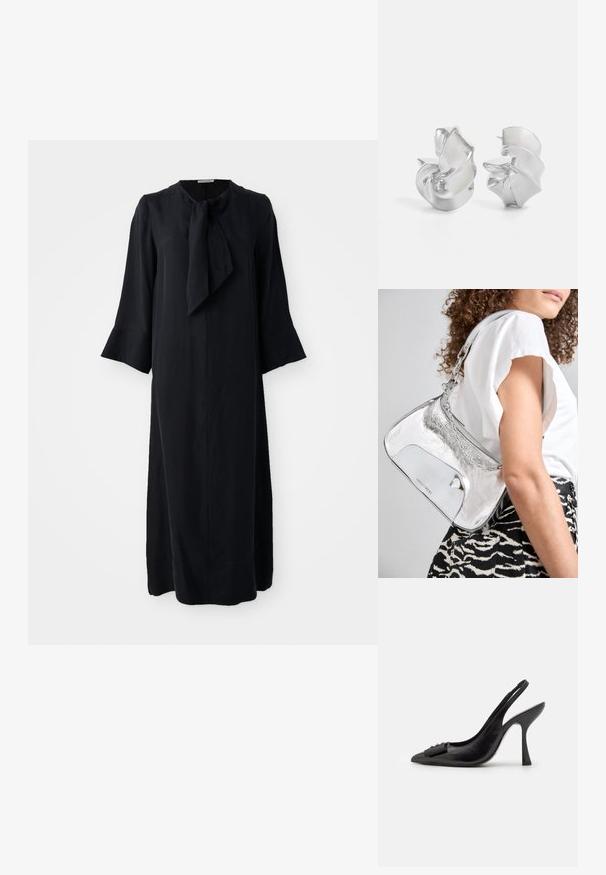 Musta midi-mekko, jossa on pystykaulus ja rusettiyksityiskohta, pitkät hihat ja rento malli, valmistettu sileästä kankaasta, jossa on matta pinta.; Musta nahka slingback-kengät, joissa on terävä kärki, kapea korko ja koristeellinen rusetti. Sileä pinta ja tyylikäs muotoilu.; Hopeinen metallinen olkalaukku, jossa on sileä pinta, kaareva muotoilu, ketjuolkaimet ja kiiltävä etupaneeli, jossa on hienovarainen logon kaiverrus.; Hopeakorvakorut, joissa on virtaava, spiraalimainen muotoilu. Sileä pinta, jossa on kiiltävä viimeistely. Ominaisuuksina hienovarainen kiilto ja ei näkyviä koristeita.
