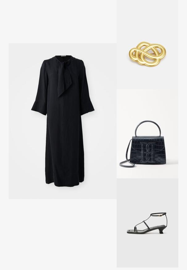 Melna midi kleita ar stāvo apkakli un tauriņa detaļu, garām piedurknēm un brīvu piegriezumu, izgatavota no gluda auduma ar matētu apdari.; Melna ādas sandale ar kvadrātveida purngalu, plānām siksnām, regulējamu potītes siksnu un zemu papēdi. Iezīme ir neliela zelta akcenta detaļa uz siksnas.; Melnas krokodila rakstā izgatavota ādas rokassoma ar strukturētu dizainu, augšējo rokturi, regulējamu siksnu un izteiktu priekšējo logotipa detaļu.; Zelta toņa broša ar mezglota dizaina, gludām, izliekamām līnijām un sarežģītu formu, kas atspoguļo pulētu apdari.