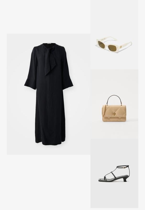 Czarna midi sukienka z stójką i detalem w postaci kokardy, z długimi rękawami i luźnym krojem, wykonana z gładkiego materiału o matowym wykończeniu.; Czarne skórzane sandały z kwadratowym noskiem, cienkimi paskami, regulowanym paskiem przy kostce i niskim obcasem. Oferują mały złoty akcent na pasku.; Białe plastikowe okulary przeciwsłoneczne z prostokątną oprawką, brązowymi soczewkami i złotym akcentem na zauszniku. Gładka tekstura i nowoczesny design.; Quiltowana beżowa skórzana torebka z złotymi detalami, łańcuszkowym paskiem i uchwytem u góry. Posiada z przodu klapkę oraz charakterystyczny logo.