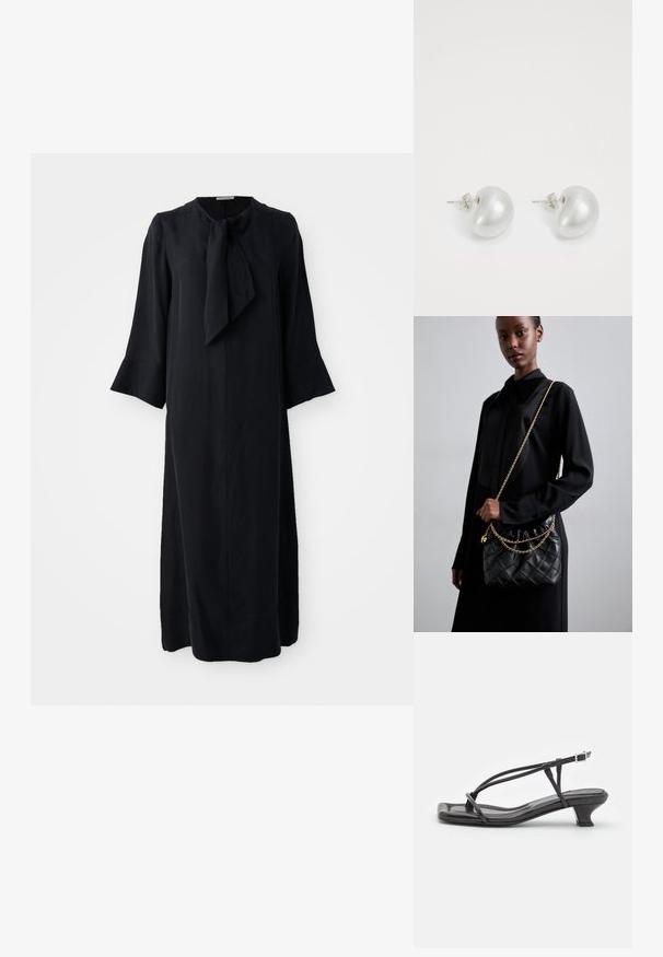 Musta midi-mekko, jossa on pystykaulus ja rusettiyksityiskohta, pitkät hihat ja rento malli, valmistettu sileästä kankaasta, jossa on matta pinta.; Musta nahkasandaali ohuilla remmeillä, matalalla lohkokannalla ja neliönmuotoisella varpaalla. Varustettu soljella ja sileällä pinnalla.; Mustakvadratisti nahkakäsine, jossa on kerätty yläosa, kultaketjuolkaimet ja suorakaiteen muotoinen rakenne, pidettyä yksinkertaista taustaa vasten.; Hopeakiharat korvakorut, joissa on kaareva, pavun muotoinen muoto. Pehmeä, kiiltävä pinta, ja kiinnitysvarusteena on nuppi ja tausta.