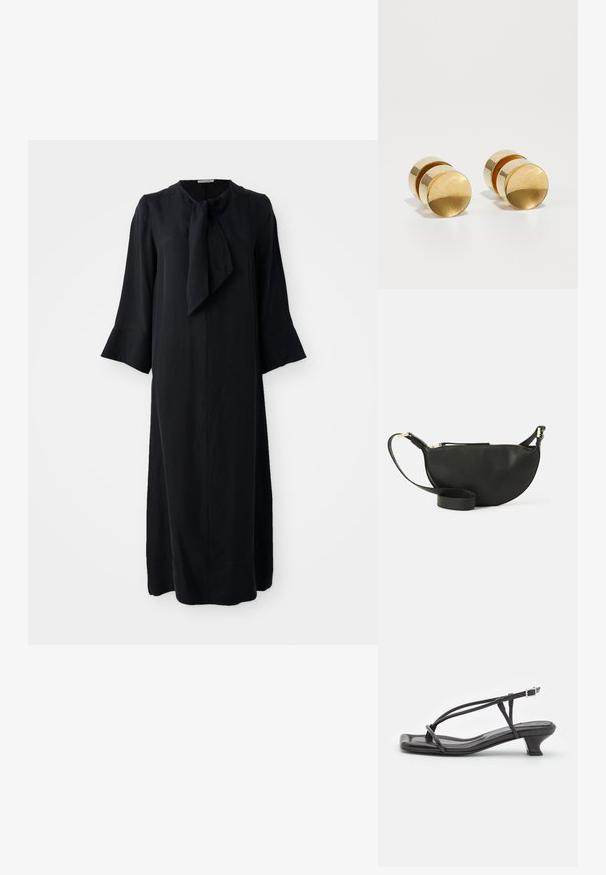 Fekete midi ruha álló gallérral és masnival, hosszú ujjakkal és laza szabással, sima anyagból készült, matt felülettel.; Fekete bőr szandál vékony pántokkal, alacsony blokk sarkú és négyzetes orrú. Csattal záródik és sima textúrájú.; Fekete bőr keresztpántos táska félhold formában, texturált felülettel, arany cipzárral és lapos pánttal. Kompakt kialakítás, amely a fontos dolgok számára alkalmas.; Arany fém fülbevalók egyszerű, kerek formával, sima felülettel és középen fényes sávval. Átmérője körülbelül 1 cm.