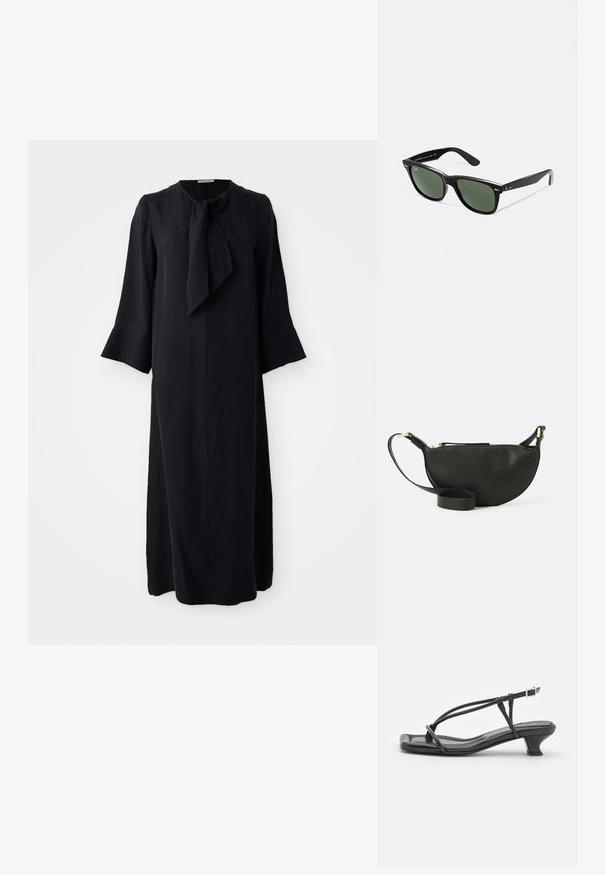 Musta midi-mekko, jossa on pystykaulus ja rusettiyksityiskohta, pitkät hihat ja rento malli, valmistettu sileästä kankaasta, jossa on matta pinta.; Musta nahkasandaali ohuilla remmeillä, matalalla lohkokannalla ja neliönmuotoisella varpaalla. Varustettu soljella ja sileällä pinnalla.; Mustat muoviset aurinkolasit, joissa on vihreät linssit, neliönmuotoiset kehykset, hopeinen yksityiskohta kulmakarvojen kohdalla sekä tekstuuriset temppeleiden varret. Brändi ilmoitettu sisävarsissa.; Mustikkavärinen nahkainen crossbody-laukku, jossa on puolikuun muoto, teksturoitu pinta, kultainen vetoketju ja litteä olkahihna. Kompakti muotoilu, joka sopii välttämättömyyksille.