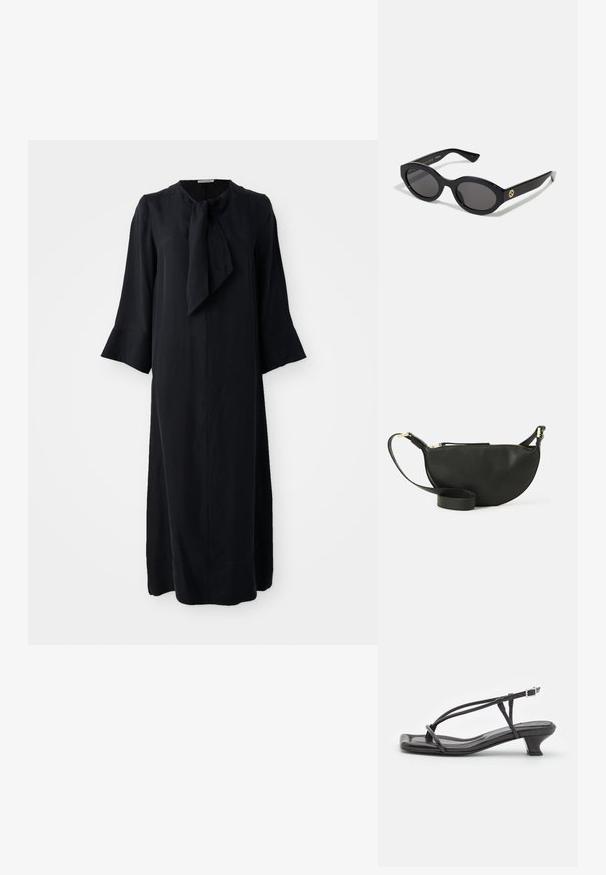 Vestido preto midi com gola alta e detalhe em laço, mangas longas e corte descontraído, feito de um tecido suave com acabamento fosco.; Sandal de couro preto com tiras finas, salto bloco baixo e biqueira quadrada. Apresenta um fecho de fivela e textura suave.; Óculos de sol ovais pretos com lentes escuras e armação de plástico brilhante. Apresenta um logotipo dourado na haste, oferecendo um design elegante e moderno.; Bolsa transversal de couro preto com formato de meia-lua, superfície texturizada, fecho dourado e alça plana. Design compacto adequado para itens essenciais.