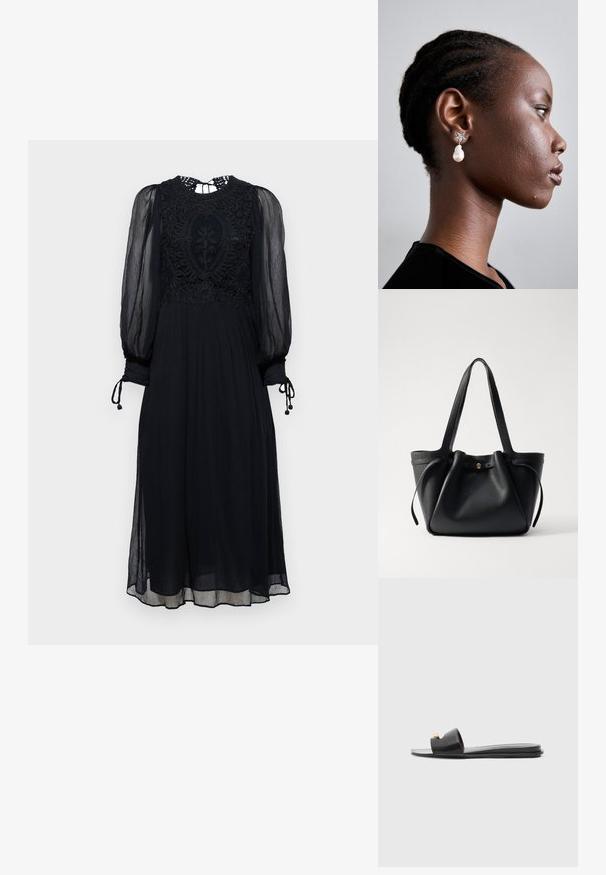 Černé šaty s průhlednými dlouhými rukávy. Podrobný krajkový korzet a výstřih. Splývavá sukně s pásky na zápěstích a strukturovanou tkaninou.; Černé skluzné sandály se širokým svrškem, hladkým koženým povrchem, otevřenou špičkou a zlatým akcentem na popruhu. Plochá podrážka.; Černá kožená taška přes rameno s dvěma dlouhými popruhy, staženým vrškem a zlatým kruhovým akcentem. Hladký povrch s minimalistickým designem.; Tory Burch STAR DROP EARRING - Náušnice - silver-coloured