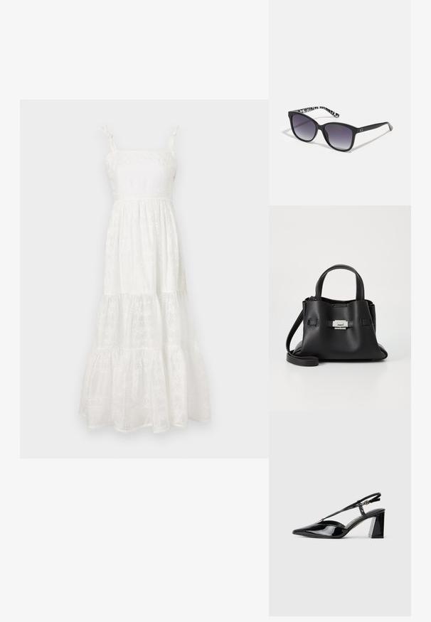 Λευκό maxi φόρεμα με ρυθμιζόμενες τιράντες, περιλαμβάνοντας υφασμάτινο μπούστο και φουστάνι με στρώσεις με κεντημένα λουλούδια και λεπτομέρειες με οπές.; Μαύρα παπούτσια με βάτα γυαλιστερή, με τακούνι στιλέτο και και ρυθμιζόμενο λουράκι, και χοντρό ορθογώνιο τακούνι.; Μαύρα γυαλιά ηλίου με gradient φακούς, τετράγωνο σχήμα και μια υφασμάτινη μπορντούρα σε μαύρο και λευκό. Διαθέτουν ασημένια λογότυπο.; Μαύρη δερμάτινη τσάντα με υφή, που διαθέτει δύο επάνω χερούλια, αποσπώμενη λουρί ώμου και λεπτομέρεια από ασημένιο κούμπωμα.