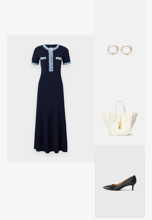 sandro ALECIA - Obleka/pulover - marine; Črne usnjene črpalke s koničastim nosom, nizko peto in gladko teksturo. Imajo rahlo odprtino spredaj in minimalno opremo zadaj.; Bela usnjena torba z obliko, ki ohranja strukturo, izrazitim šivom, zlatim kovinskim dodatkom in dvema ročkama. Teksturna površina s stranskimi žepi.; Zlate in srebrne uhane v obliki obroča z mešanim kovinskim zaključkom, ki se ponašajo z gladkim ukrivljenim dizajnom in brezšivnim zapiranjem.