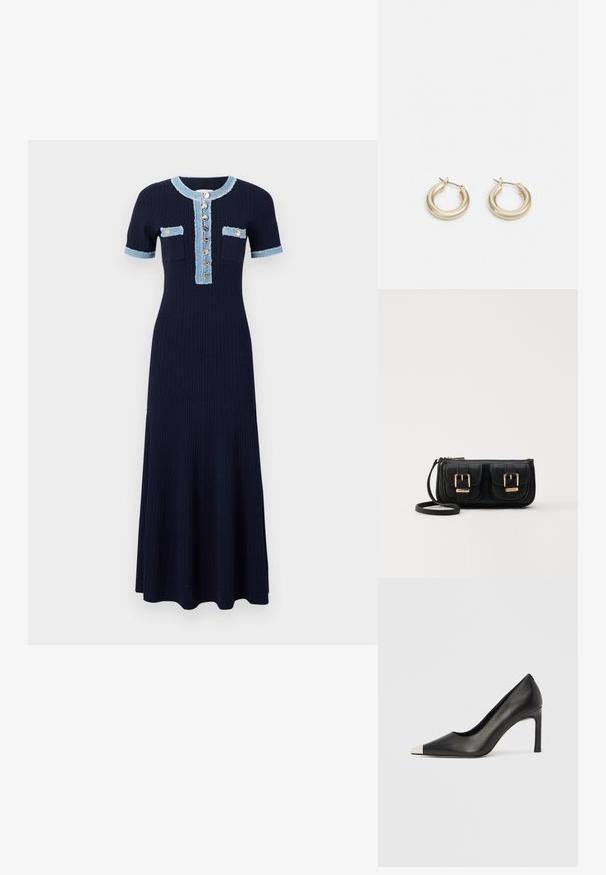 sandro ALECIA - Abito in maglia - marine; Scarpa con tacco alto in pelle nera con punta affilata e cappuccio metallico argento. Presenta una finitura liscia e un tacco sottile di 10 cm.; Borsa a tracolla nera in pelle con due tasche frontali, fibbie dorate, chiusura con zip e una tracolla sottile. Superficie texturizzata e forma rettangolare compatta.; Lauren Ralph Lauren BASIC SMALL HOOP - Orecchini - gold-coloured