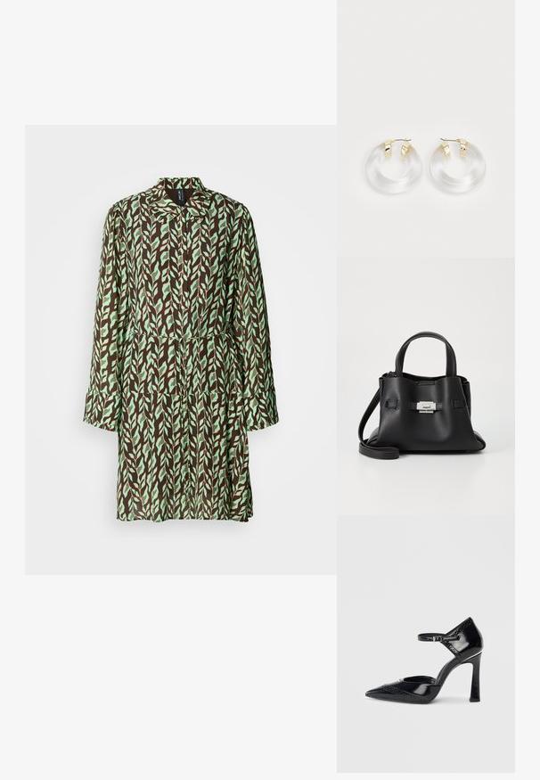 Manteau à motif de feuilles marron et vert avec des manches longues, un col et une taille cintrée. Fabriqué en tissu léger avec un design fluide.; Chaussure à talon haut en cuir verni noir avec un bout pointu, une bride de cheville et des détails perforés décoratifs le long du bord.; Sac à main en cuir noir avec une finition texturée, doté de deux poignées supérieures, d'une bandoulière amovible et d'un détail de fermoir en argent.; Boucles d'oreilles en acrylique transparent avec des accents en métal doré et une finition polie. Présente un design circulaire lisse.