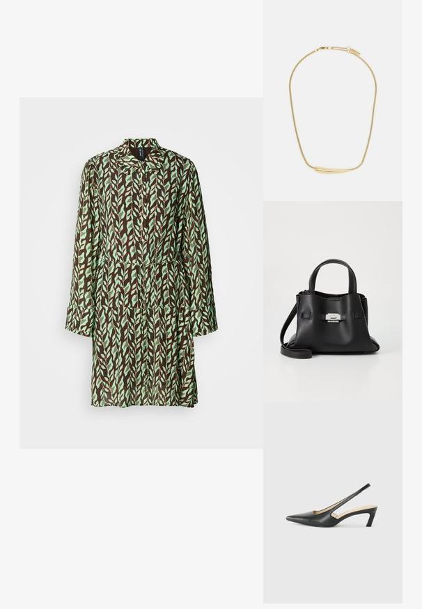 Brun og grøn bladmønstret frakke med lange ærmer, en krave og en talje, der er snevret ind. Lavet af letvægtsstof med et strømmende design.; Sorte spidse slingback-sko med en lav hæl, lavet af glat læder og med udskæringer på siden for åndbarhed.; Sort læderhåndtaske med en tekstureret overflade, der har to bærehåndtag, en aftagelig skulderrem og en detalje med sølvspænde.; Guldplateret halskæde med en glat, buet central aksent. Har en fleksibel kæde med en hummerlås og ekstra justerbare kædelinks.