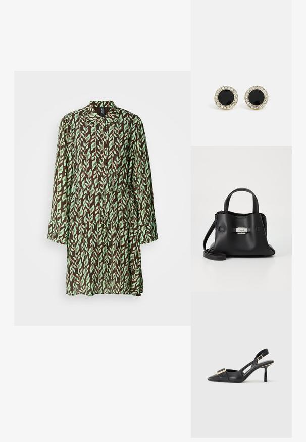 Pruunide ja roheliste lehtede mustriga mantel pikkade varrukatega, kraega ja kitseneva taljega. Valmistatud kerge kangaga, voolava disainiga.; Must musta slinga-seljak, terav varvas, peen kont ja kuldse tooni aksessuaar vampiiril. Sile tekstuur ja struktureeritud disain.; Mustmust kott, millel on tekstuuriga viimistlus, sisaldab kahte ülemist kättehaaret, eemaldatavat õlarihma ja hõbedast luku detaili.; DKNY INLAY STUD - Kõrvarõngad - black/gold-coloured