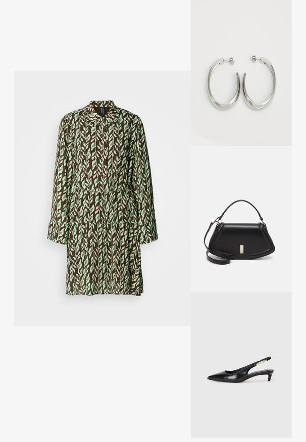 Cappotto con motivo a foglie marroni e verdi, maniche lunghe, colletto e vita cintrata. Realizzato in tessuto leggero con un design fluido.; Tacchi slingback in pelle nera con punta affusolata, caratterizzati da un tacco alto e un accento dorato sulla cinghia regolabile. Texture liscia.; Borsa a mano in pelle nera con un design strutturato, caratterizzata da una forma corta, manico superiore e accessori in metallo dorato. Inclusa tracolla regolabile.; Orecchini a cerchio argentati con un design liscio e curvo. Presentano una finitura metallica lucida e una chiusura a perno. Nessun motivo o accentuazione visibile.