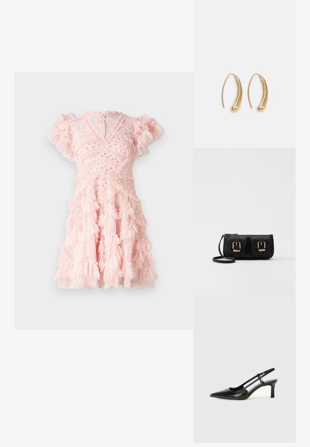 Needle & Thread AURELIE V NECK MICRO MINI DRESS - Occasion wear - light pink; Black patent slingback heel with a pointed toe, featuring textured snake print, adjustable strap, and a short, textured block heel.; Black leather crossbody bag with two front pockets, gold buckles, zipper closure, and a slim strap. Textured surface and compact rectangular shape.; Gold-tone metal hoop earrings with a curved, elongated shape. Features a smooth, shiny surface and a rounded tip for added detail.