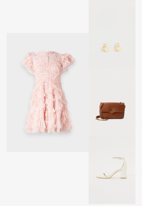 Needle & Thread AURELIE V NECK MICRO MINI DRESS - Abiti per occasioni speciali - light pink; Sandal con tacco cubano bianco in pelle, caratterizzata da una cinghia alla caviglia con fibbia e design minimalista. Punta aperta e texture liscia in tutto il sandalo.; Borsa a tracolla in pelle marrone con chiusura a patta, hardware dorato e tracolla a catena. Texture liscia, forma rettangolare, dettagli minimi.; Orecchini a moneta in tono oro con design di Saturno, caratterizzati da una fascia testurizzata e cristalli circolari incastonati per un tocco di brillantezza in più.