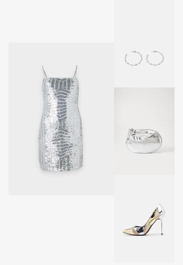 Hõbedane sädelev mini kleit õhukeste rihmadega, millel on geometriline muster erinevates hõbedastes toonides, luues tekstuurse visuaalse efekti.; Kitsas toe kõrge kontsaga kingad, millel on hõbedane, kuldne ja nude värvilahendus. Läikiv viimistlus lõikekujundusega, stiletto konts.; Hõbedane metallikoti kott pehme, ümar kuju ja sõlme ülemise sulgemisega. Valmistatud siledast kunstnahast materjalist.; Hõbedased rõngaskõrvarõngad keerutatud disainiga, millel on poleeritud viimistlus ja posti-tagune sulgemine. Diameeter umbes 3 cm.