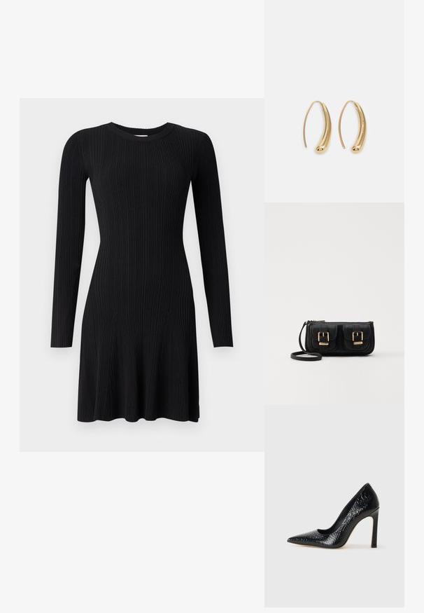 Schwarzes geripptes Strickkleid mit langen Ärmeln, Rundhalsausschnitt und ausgestelltem Saum. Glatte Textur mit vertikalen Streifen und taillierter Silhouette.; Schwarzer, spitz zulaufender High Heel mit Krokodilleder-Struktur, elegantem Design, hohem Stiletto-Absatz und glattem schwarzen Innenraum.; Schwarze Leder-Umhängetasche mit zwei vorderen Taschen, goldenen Schnallen, Reißverschluss und einem schmalen Tragegurt. Texturierte Oberfläche und kompakte rechteckige Form.; Goldfarbene Metall-Hoops mit einer geschwungenen, länglichen Form. Sie verfügen über eine glatte, glänzende Oberfläche und eine abgerundete Spitze für zusätzliche Details.