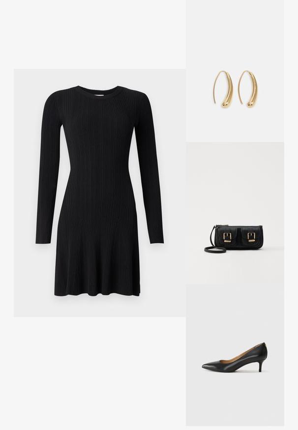 Svart ribbestrikket kjole med lange ermer, rund halsutringning og utsvingt kant. Glatt tekstur med vertikale striper og tettsittende silhuett.; Sorte lærpumpe med spiss tå, lav hæl og en glatt tekstur. Har en liten åpning foran og minimalt med beslag bak.; Svart skinn crossbody veske med to frontlommer, gyldne spenner, glidelåslukking og en slank stropp. Teksturert overflate og kompakt rektangulær form.; Gullfargede metalløredobber med en buet, forlenget form. Har en jevn, blank overflate og en avrundet tupp for ekstra detaljer.
