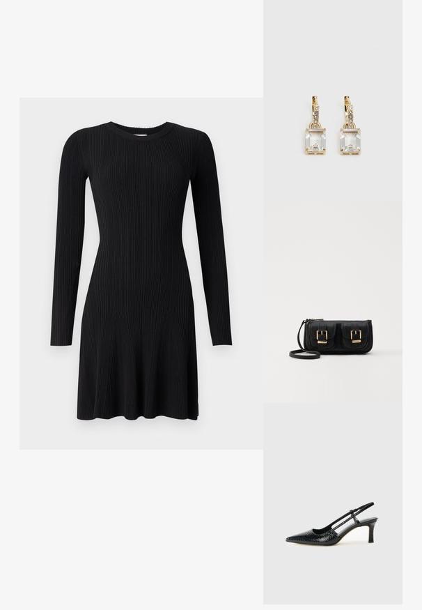 Črna rebrasta pletena obleka z dolgimi rokavi, okroglim dekoltejem in razširjenim robom. Gladka tekstura z navpičnimi črtami in prilegajočim se krojem.; Črne lakaste slingback pete s koničastim nosom, ki imajo teksturiran vzorec kačje kože, nastavljiv trak in kratek teksturiran blok peto.; Črna usnjena torbica čez ramo z dvema sprednjima žepoma, zlatimi zaponkami, zadrgo in ozkim pasom. Tekstura površine je strukturirana, obliko pa ima kompaktno pravokotno.; Zlato obarvani uhani, ki vsebujejo pravokoten, prozoren kristal, obešen pod vrsto majhnih, okroglih prozornih dodatkov. Elegantna, moderna zasnova.