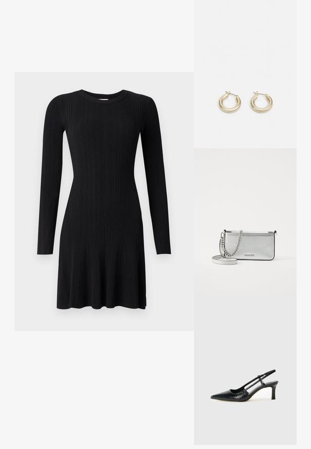Čierne pletené šaty s dlhými rukávmi, okrúhlym výstrihom a rozšíreným lemom. Hladká textúra s vertikálnymi pruhmi a priliehavým strihom.; Čierne patentové slingback topánky na ihlovom podpätku s špicatou špičkou, s textúrovaným hadím vzorom, nastaviteľným popruhom a krátkym, textúrovaným blokovým podpätkom.; Strieborná kožená crossbody taška s textúrovaným povrchom, reťazcovými a ramennými akcentmi a zipsovým uzáverom. Na prednej strane sa nachádza logo.; Lauren Ralph Lauren BASIC SMALL HOOP - Náušnice - gold-coloured