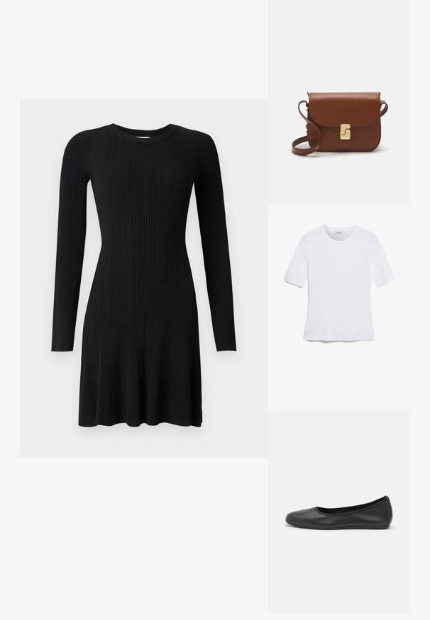 Robe en tricot noir à côtes avec manches longues, encolure ronde et ourlet évasé. Texture lisse avec des rayures verticales et silhouette ajustée.; T-shirt blanc à manches courtes en tissu côtelé. Col rond, coupe régulière et détails de couture subtils. Aucune motif ni graphique.; Ballerines en cuir noir avec un bout rond, texture lisse, détails de couture minimalistes et design de semelle flexible.; Sac à main en cuir marron avec une fermeture à rabat, des accents en métal doré, une bandoulière et une texture lisse. Forme rectangulaire compacte.