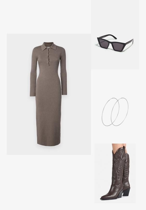 Robe marron à manches longues et côtelées, présentant une silhouette ajustée, un col et une patte de boutonnage sur le devant. Texture tricotée, longueur sous le genou.; Bottes de cowboy en cuir marron avec un bout pointu et un talon bloc, présentant des coutures détaillées et des accents en relief sur la tige.; Lunettes noires angulaires avec des verres gris ; fabriquées en plastique, avec des branches épaisses à la surface lisse et sans matériel visible.; Boucles d'oreilles en argent au design minimaliste. Forme circulaire, texture lisse et profil fin. Légères avec une finition polie.