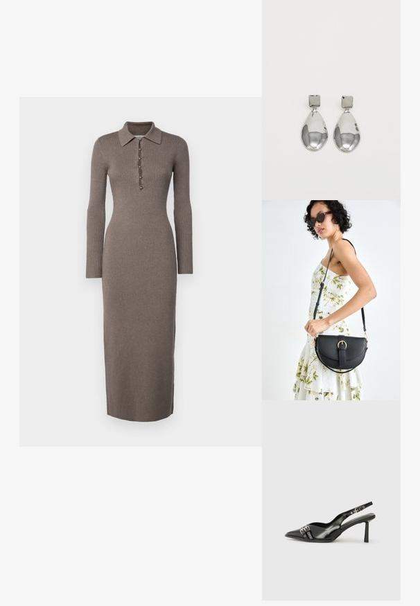 Vestido castanho de manga longa com texturização canelada, apresentando uma silhueta ajustada, colarinho e uma frente com botão. Textura tricotada, comprimento abaixo do joelho.; Sapato slingback preto em pele patentada com bico apontado, tiras no tornozelo apresentando fivelas e acessórios prateados, e um salto elegante.; Bolsa de couro preta com forma curva, alça destacável e detalhes em dourado. A bolsa possui uma aba com detalhe de fivela.; Brincos de gota em prata com um pino quadrado, apresentando um acabamento liso e polido e uma forma de gota, refletindo a luz com uma superfície brilhante.