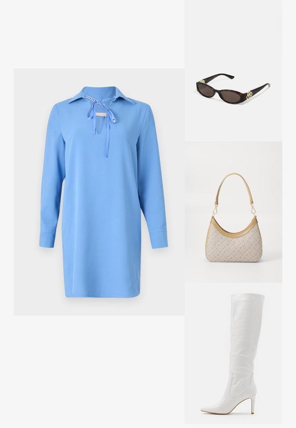 Blaues Kleid aus weichem Stoff, mit einem Kragen, langen Ärmeln und einer gebundenen Ausschnittverzierung. Glatte Textur mit einem schlichten Design.; RAID TRIBUTE - High Heel Stiefel - white; Schildpatt-Sonnenbrille mit länglich-ovalen Gläsern, braunem Farbton, goldenen Logo-Akzenten an den Bügeln und schlanken schwarzen Bügeln.; Beige gemusterte Handtasche mit geschwungener Form, Lederakzenten und einem goldfarbenen Logo auf der Vorderseite. Verfügt über einen kurzen Griff für einfaches Tragen.; Goldfarbene, verdrehte Ringe, die übereinander gestapelt sind und ein strukturiertes Design mit glatten und gebogenen Kanten aufweisen, was ein organisches, fließendes Erscheinungsbild schafft.