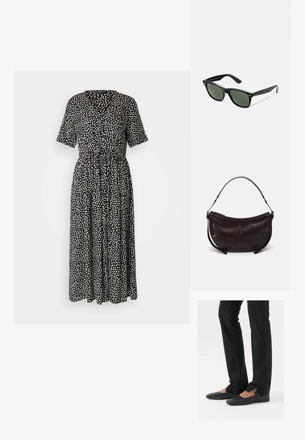 Schwarzes Kleid mit weißen Polka-Dots, V-Ausschnitt, kurzen Ärmeln, Taillengürtel und einem fließenden Rock, der bis zur Mitte der Wade reicht. Glatte Stoffstruktur.; Schwarze Leder-Ballerinas mit spitzer Zehenpartie, Riemchen mit silberner Schnalle, kombiniert mit schwarzen taillierten Hosen mit Schlitzsaum.; Schwarze Plastiksonnenbrille mit grünen Gläsern, quadratischen Rahmen, silbernem Akzent auf der Augenbraue und strukturierten Bügeln. Angegebene Marke auf dem inneren Bügel.; Dunkelbraune Leder-Schultertasche mit gebogener Form, glatter Textur und einem verstellbaren Tragegurt. Verfügt über einen Reißverschluss.