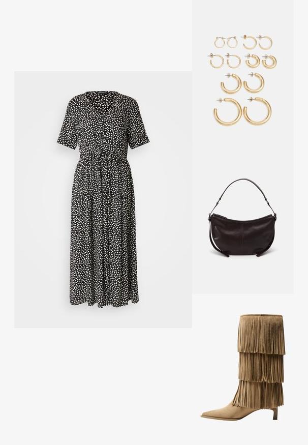 Rochie neagră cu buline albe, decolteu în V, mâneci scurte, cordon în talie și o fustă fluidă care ajunge până la jumătatea gambelor. Textură de material neted.; Botine cu fringuri până la gleznă, din suede crem, cu trei straturi de fringuri. Vârf ascuțit și toc mic. Textură netedă pe întreaga suprafață.; Geantă de umăr din piele maro închis, cu o formă curbată, textură netedă și o curea ajustabilă. Are un închidere cu fermoar.; Set de cercei rotunzi din aur, cu diferite dimensiuni și designuri, incluzând stiluri mici, medii și mari, cu finisaje metalice netede.