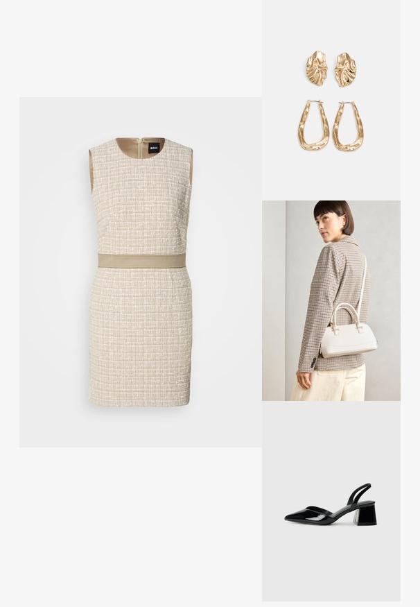 Vestido bege tecido com um padrão texturizado, design sem mangas, decote redondo e um cinto combinante na cintura. Fecho com zíper nas costas.; Sandy em verniz preto com salto slingback, ponta afilada e salto geométrico. Apresenta um design elegante e minimalista com textura suave.; Bolsa estruturada branca com alças curtas e uma alça de ombro, com detalhes em hardware dourado e material texturizado, exibida contra um fundo cinza.; Brincos em tom de ouro com formas onduladas e texturizadas. Inclui studs escultóricos com presilha e um design de argola aberta com um acabamento martelado.