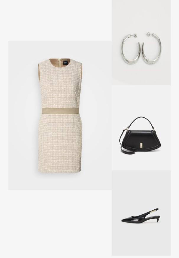 Geweven beige jurk met een gestructureerd patroon, zonder mouwen, ronde halslijn en een bijpassende riem in de taille. Achterzijde met ritssluiting.; Zwarte leren slingback hakken met een spitse neus, voorzien van een slanke hak en een goudkleurige accent op de verstelbare band. Gladde textuur.; Zwarte leren handtas met een gestructureerd ontwerp, featuring een verkorte vorm, bovenhandvat en gouden hardwareaccent. Inclusief verstelbare schouderband.; Zilveren oorringen met een gladde, gebogen vorm. Voorzien van een glanzende metallic afwerking en studsluiting. Geen zichtbare patronen of accenten.