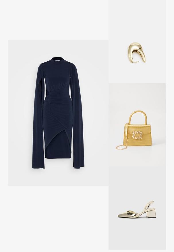 Tamsiai mėlyna ilgo rankovių suknelė su aukštu kaklu ir raukšlėtą detalę, turinti asimetrišką apatinį kraštą ir sklandžią, tamprią medžiagą.; Auksiniai, metaliniai slingback aukštakulniai bateliai su smailiu pirštu ir masyviu kulnu. Lygus paviršius, minimalizmo dizainas ir siaura juostelė.; Geltonas dirbtinės krokodilo odos rankinukas su standžiu dizainu, viršutine rankena, nuimamu grandininiu dirželiu ir dekoratyviniu krištolo papuošimu ant užsegimo.; Aukso tono metalinės auskarai su stilingu, kreiviu dizainu. Išsiskiria ryškiu smailiu pavidalu, poliruota paviršiumi ir užsegimu su vyriu.