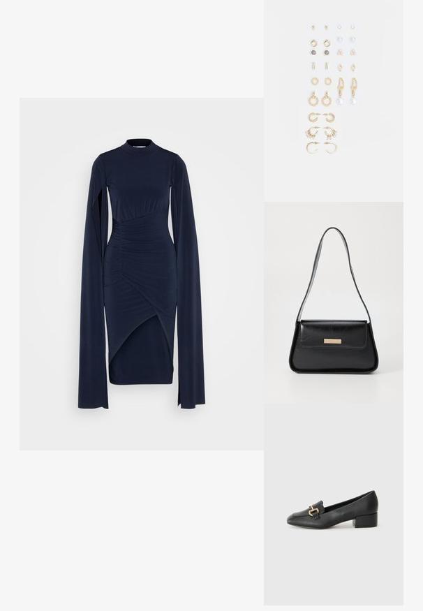 Granatowa sukienka z długim rękawem, o wysokim dekolcie i marszczeniach, z asymetrycznym dołem i gładkim, elastycznym materiałem.; Czarne skórzane loafersy z płaskim obcasem, z ozdobnym złotym detalem z przodu i gładką fakturą.; Czarna skórzana torebka o strukturalnym, trójkątnym kształcie, z wąskim paskiem i złotymi elementami ozdobnymi, wyposażona w tabliczkę z logo na przedniej klapie.; Zestaw kolczyków w kolorze złotym, zawierający różne wzory, w tym klipsy, kółka oraz zwisające elementy z perłami i cyrkoniami.