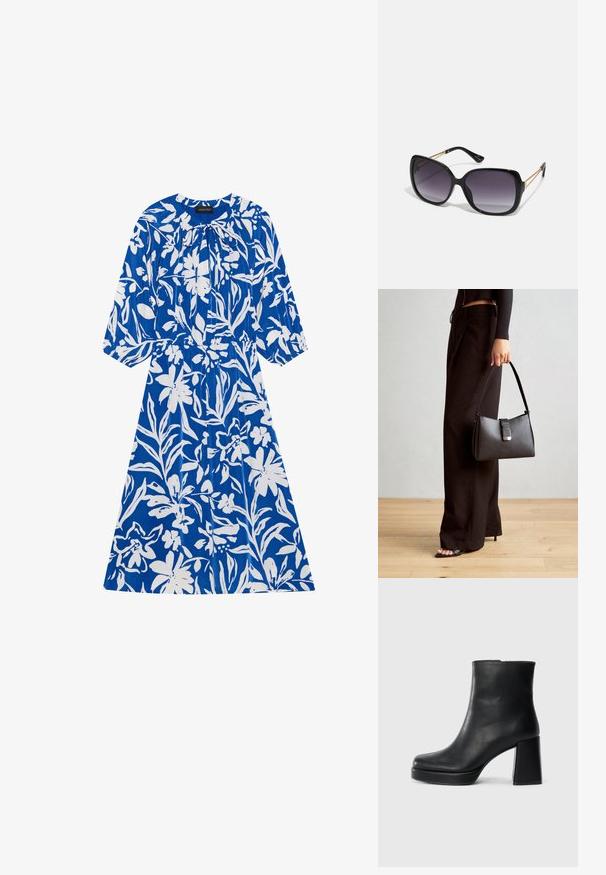 Sinine lilleline kleit, millel on valged lillemustrid, pikad varrukad, kogutud kaelus ja elastne vöökoht. Sile kangas ja mugav lõige.; Must musta ankle boot, milleplokk-konts ja platvormi tallaga, vaadatud küljelt ühetoonilise valge tausta peal.; Mustad ümarad päikeseglaasid, millel on gradient objektiivid, paksud raamid ja kuldse tooni kettaga kaunistused tempelitel.; Must musta kott, millel on struktureeritud kuju, sile tekstuur ja metallist klamber. Kombineeritud laiate mustade pükstega ja avatud varvaste sandaalidega puidust põrandal.